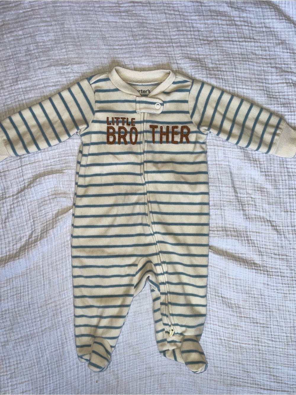 Carter's Cream and Blue Striped "Little Brother" Footed One-Piece